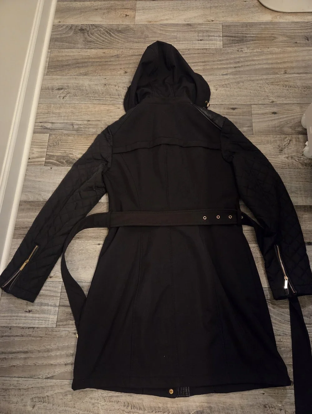Michael Kors Black Hooded Belted Trench with Quilted Sleeves